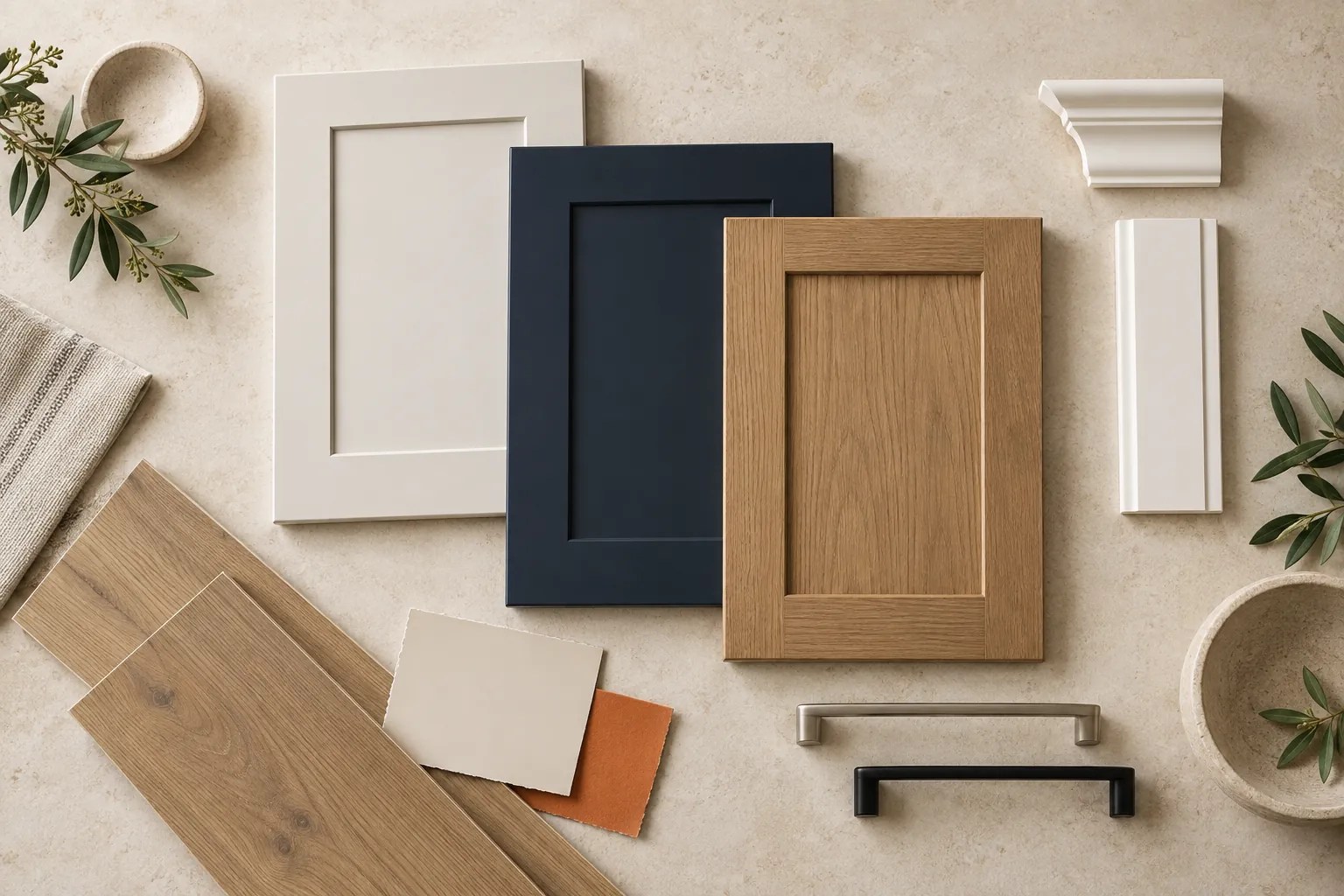Illustrative cabinet, trim, flooring and hardware mood board in warm white, navy and natural wood.