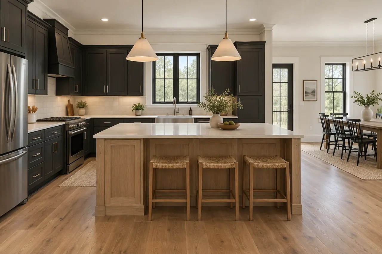 Concept kitchen with soft-black Shaker cabinets, a natural wood island and light surfaces.