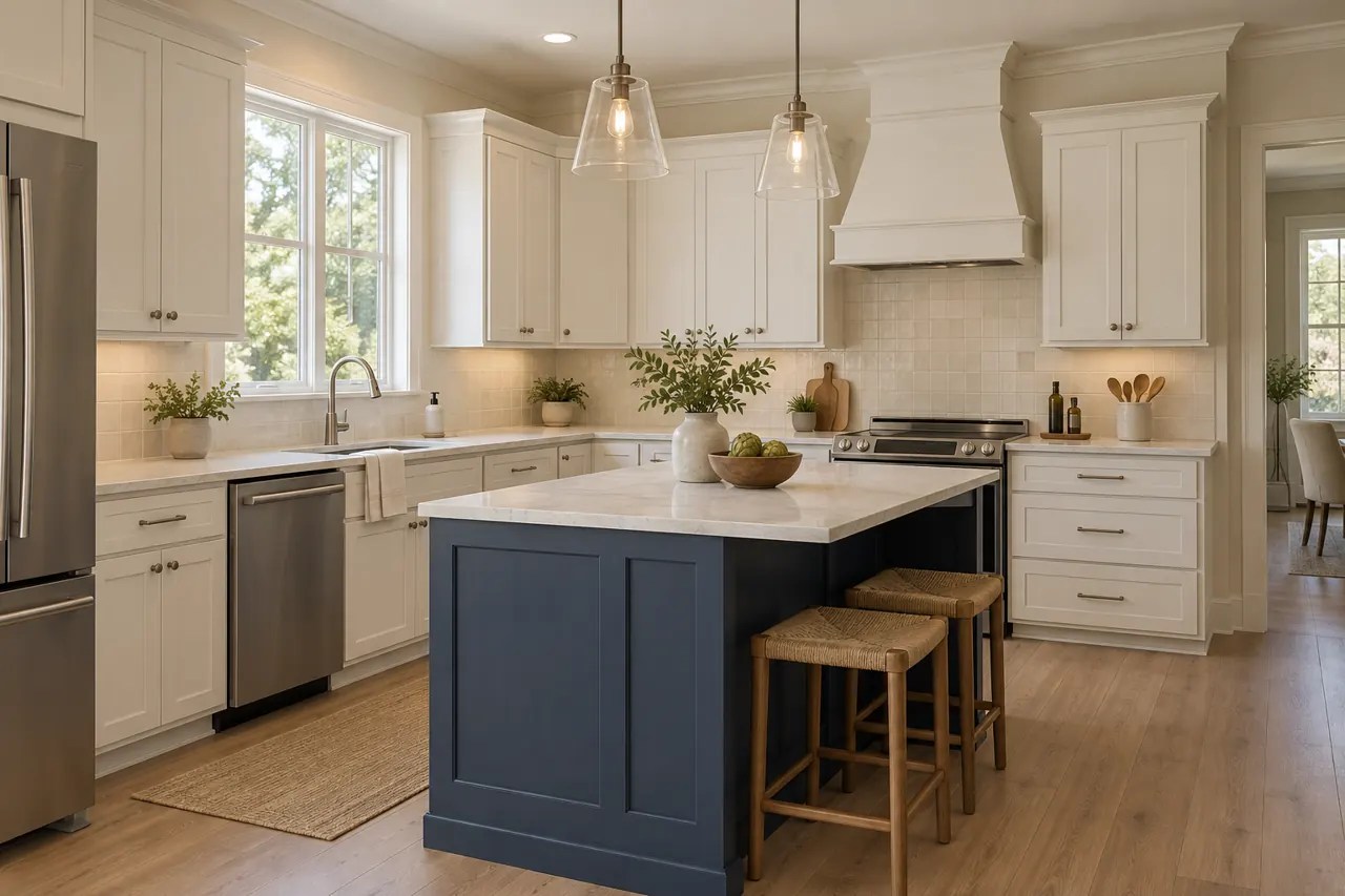 Concept kitchen with warm white cabinetry and a muted navy island.