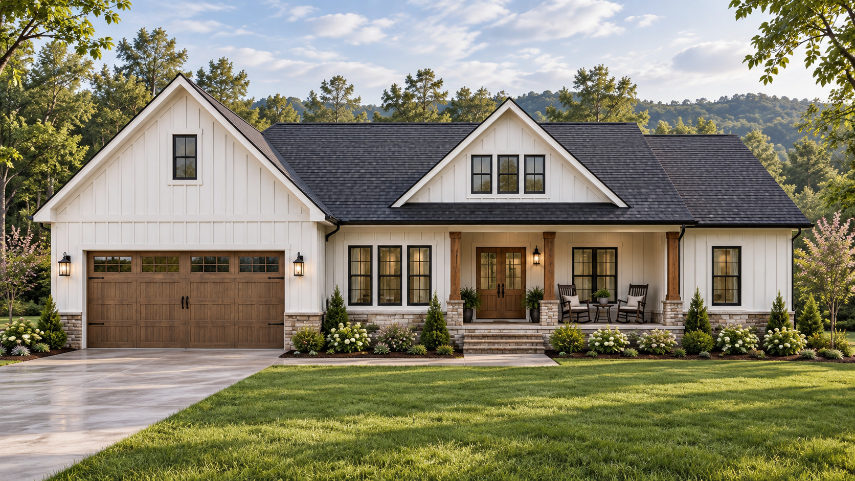 Computer-aided rendering of a white modern farmhouse with a left-side two-car garage, brown wood doors and porch posts, stone accents and black windows.