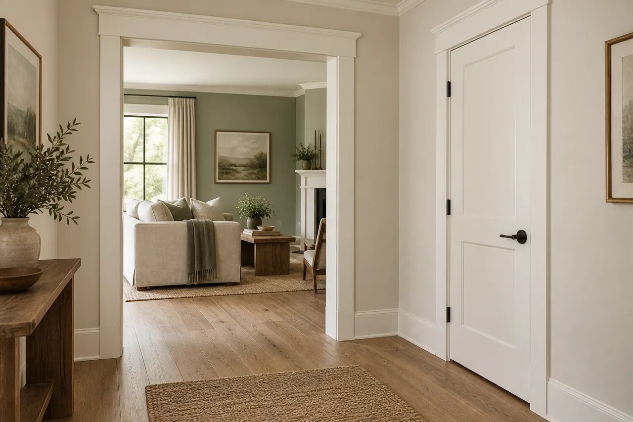 Concept interior showing substantial white Craftsman casing, a paneled door, crown molding and wood-look flooring.